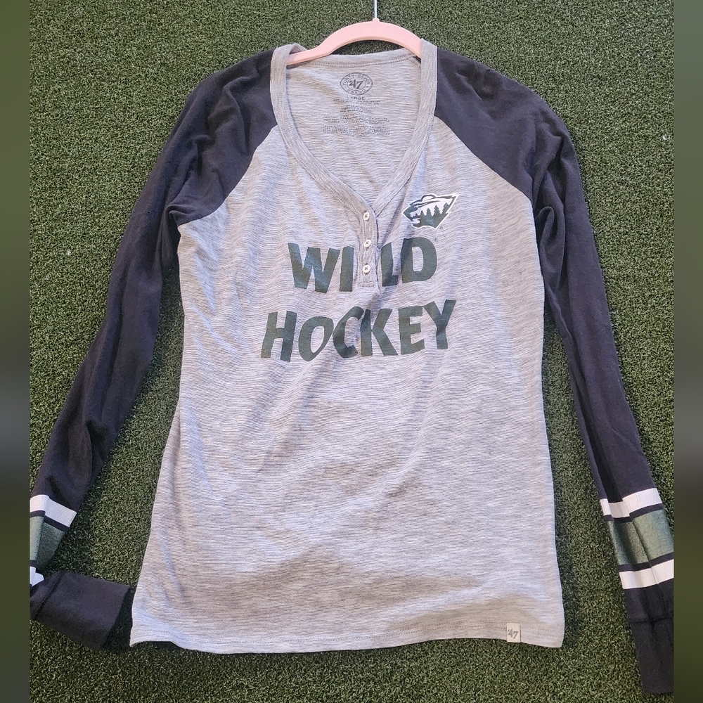 47 Minnesota Wild Gray and Navy Raglan Henley with Green Logo